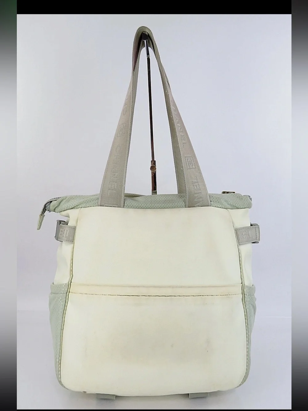CHANEL Cream & Red Canvas Tote with Camellia Motif